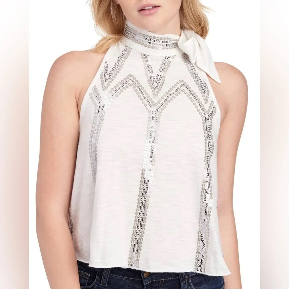 EUC Free People Glitter City Tie Neck Tank in white - Oversized Medium date nite